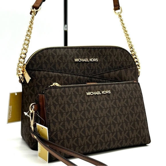 MICHAEL KORS Jet Set Travel Medium Dome Crossbody Bag & Double Zip Wallet Brown - Picture 1 of 13